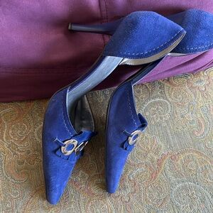 BCBG raspberry suede heels  with silver adornments